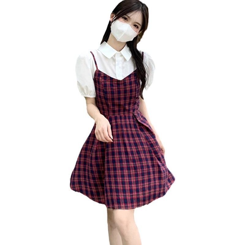 Preppy style puff sleeve dress for women, summer, high-quality, petite, elegant, waist-cinching, faux two-piece plaid mini skirt