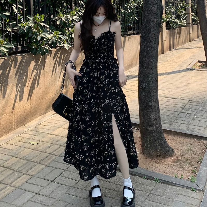 Sweet floral print sundress for women, new summer 2025 style, stylish design, slim waist, slit, elegant long dress
