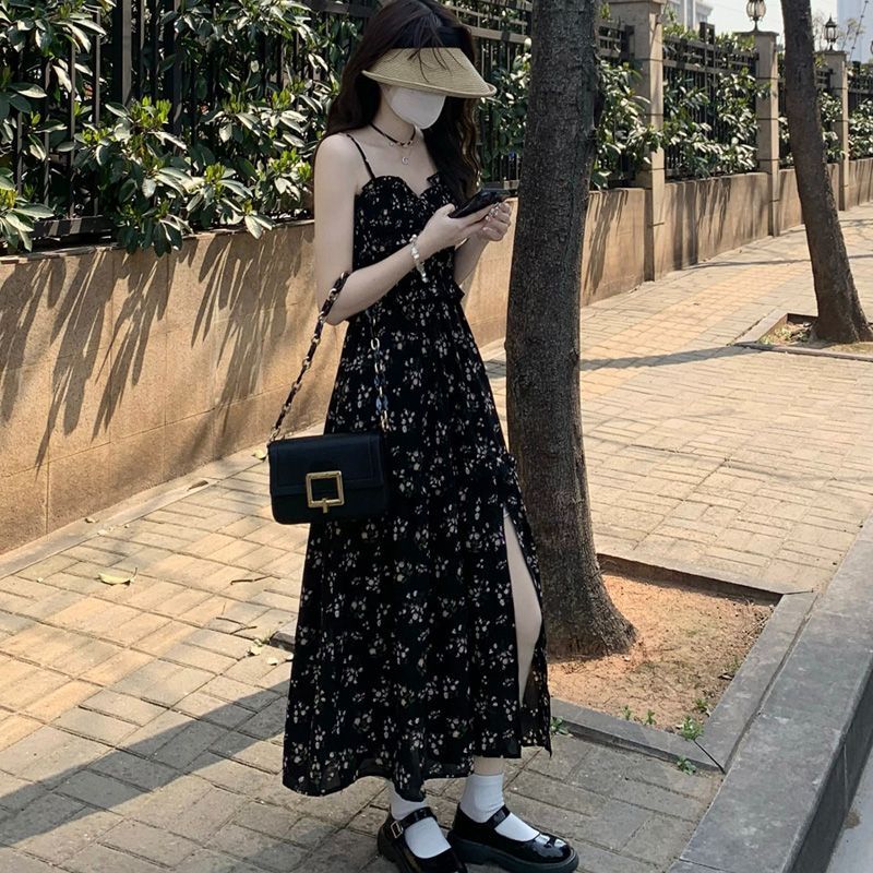 Sweet floral print sundress for women, new summer 2025 style, stylish design, slim waist, slit, elegant long dress