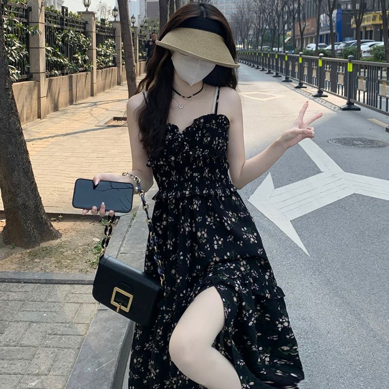 Sweet floral print sundress for women, new summer 2025 style, stylish design, slim waist, slit, elegant long dress