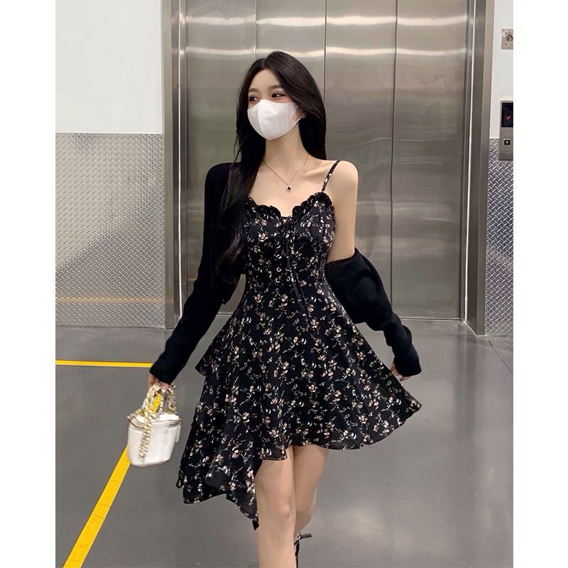 Plus-size French-style sexy slip dress, summer irregular short skirt, unique design floral dress for women.