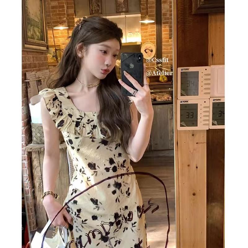Dawn Black Rose Limited Edition Floral Print Short Sleeve Dress for Women, 2025 Summer New Style, Elegant and Slimming U-Neck