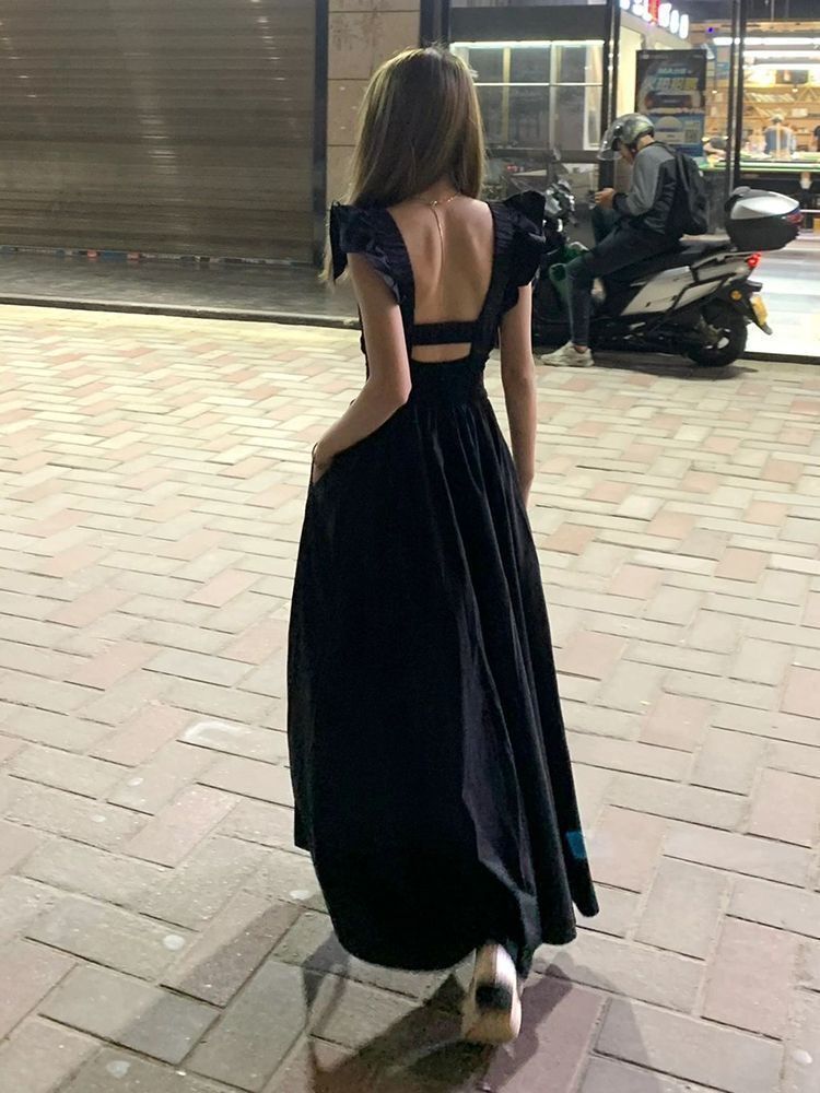 Women's Summer New Style Short Sleeve Dress, High-End Sexy Long Dress, 2025 Summer, Sexy Black