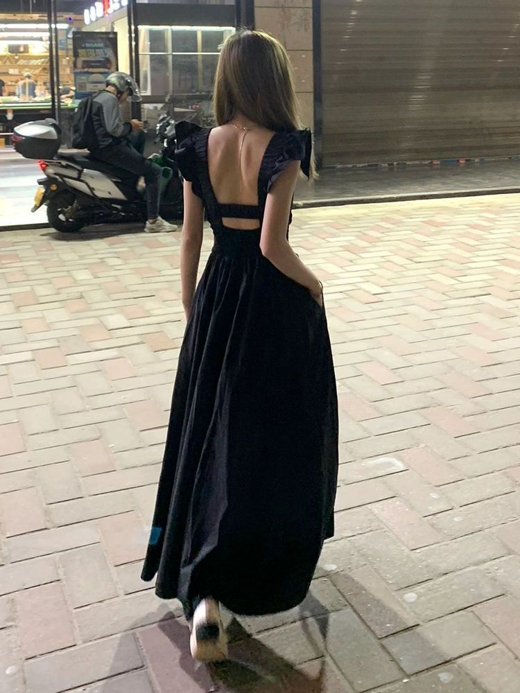 Women's Summer New Style Short Sleeve Dress, High-End Sexy Long Dress, 2025 Summer, Sexy Black