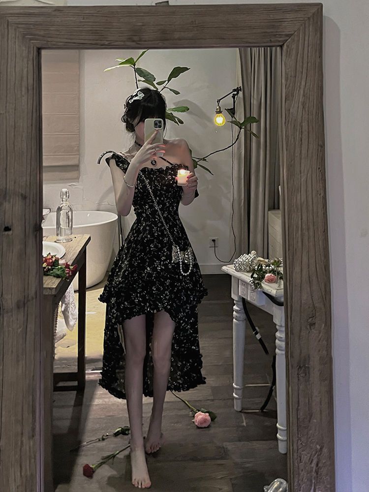 2025 New Summer Floral Print Sundress, Square Neck, Slimming Waist, Irregular Design Dress