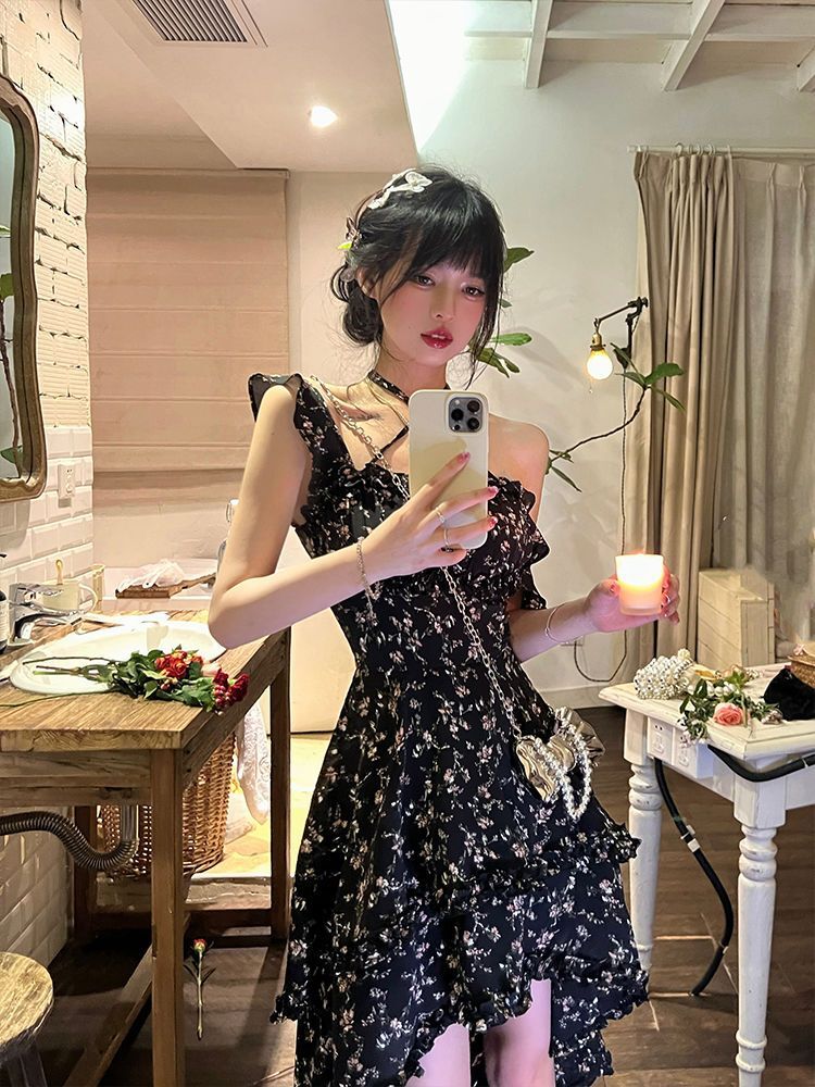 2025 New Summer Floral Print Sundress, Square Neck, Slimming Waist, Irregular Design Dress