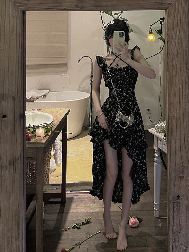 2025 New Summer Floral Print Sundress, Square Neck, Slimming Waist, Irregular Design Dress