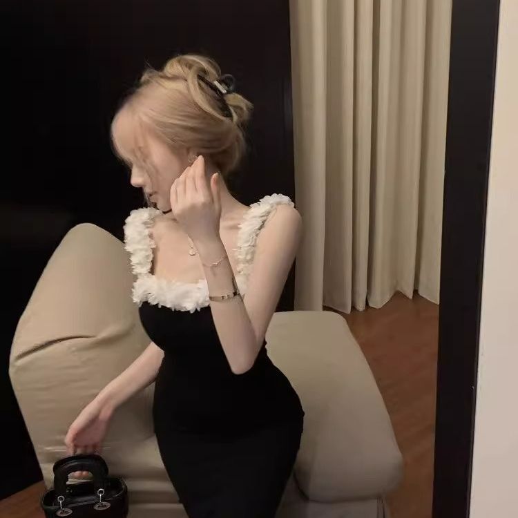 Summer black fitted backless slit bodycon maxi dress with floral suspenders for women.