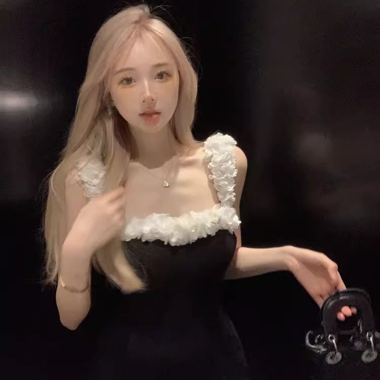 Summer black fitted backless slit bodycon maxi dress with floral suspenders for women.