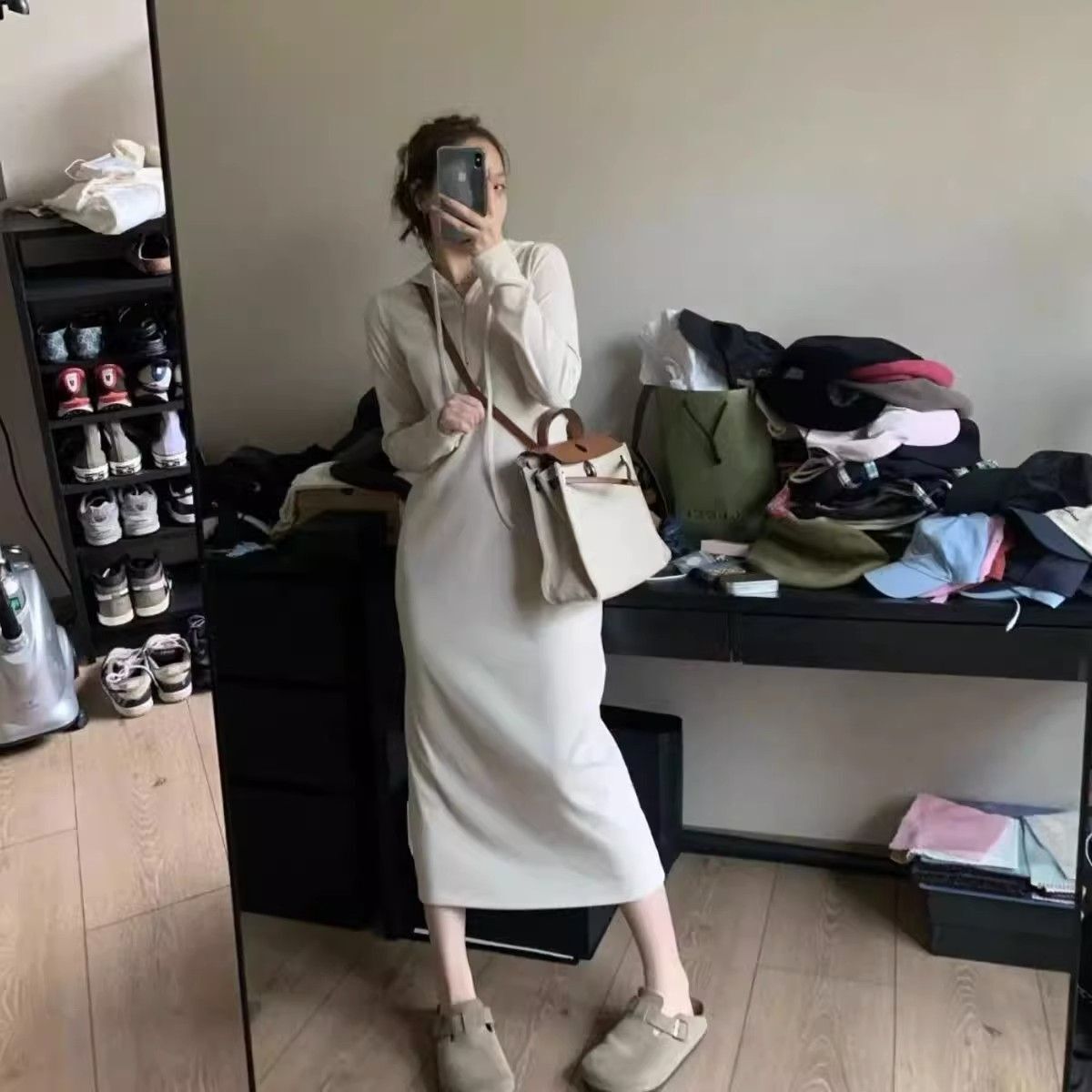 Stylish, unique, elegant moonlight white dress, new spring/autumn 2025 collection, hooded, slimming midi dress