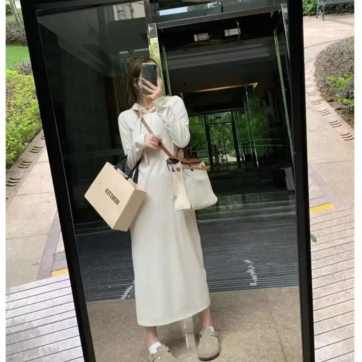 Stylish, unique, elegant moonlight white dress, new spring/autumn 2025 collection, hooded, slimming midi dress
