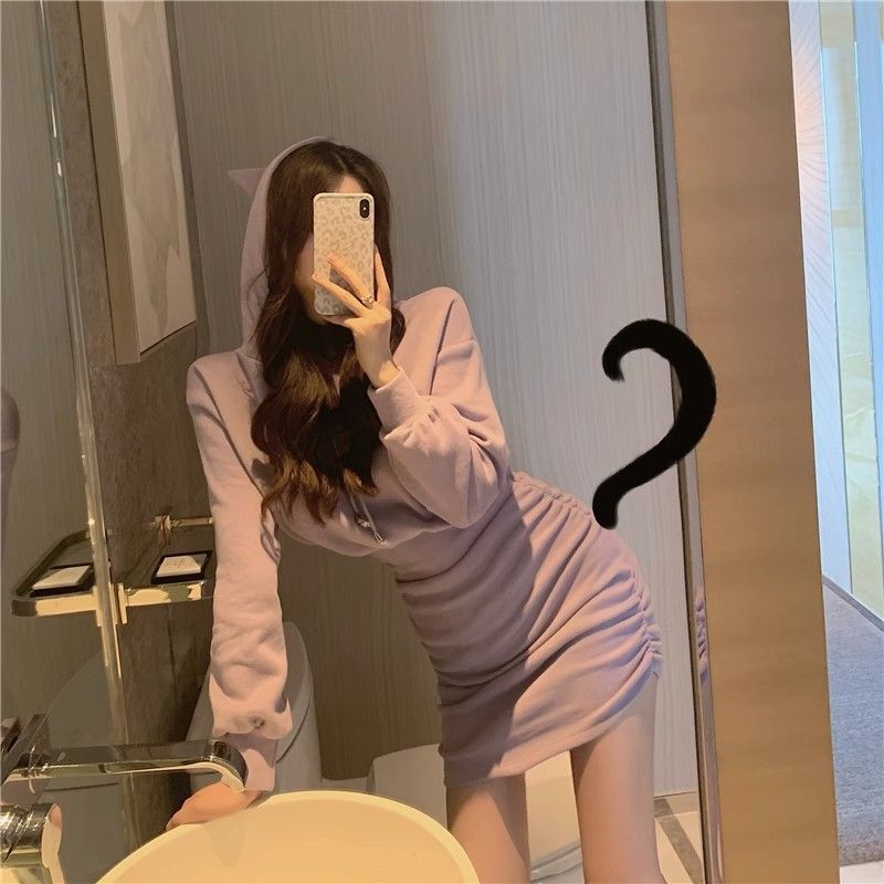 Purple sexy hooded dress, slim-fitting bodycon skirt, pleated long-sleeved dress for women, perfect for autumn.
