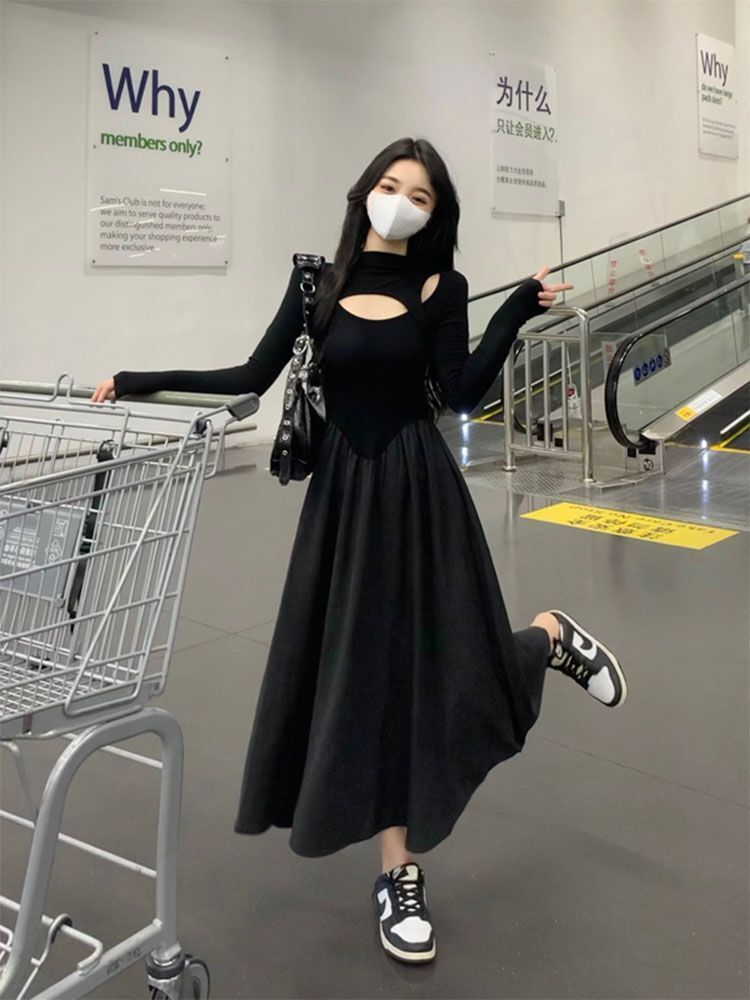 Black Hepburn-style plus-size dress, autumn 2025, niche design, elegant high-waisted, slimming.