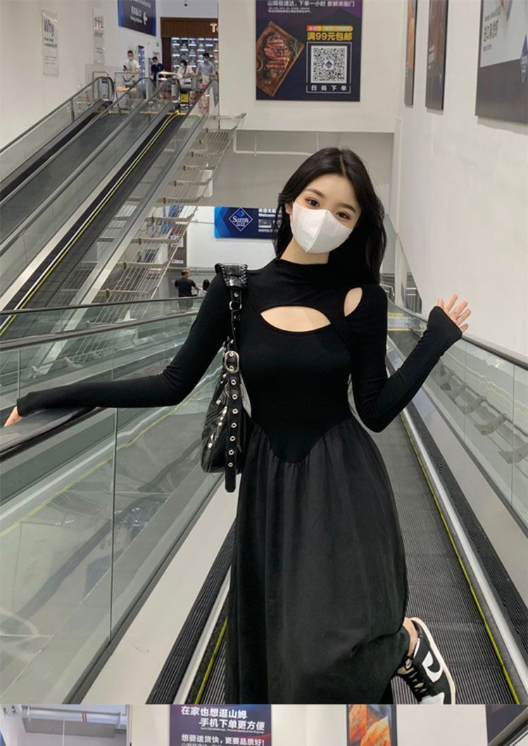 Black Hepburn-style plus-size dress, autumn 2025, niche design, elegant high-waisted, slimming.