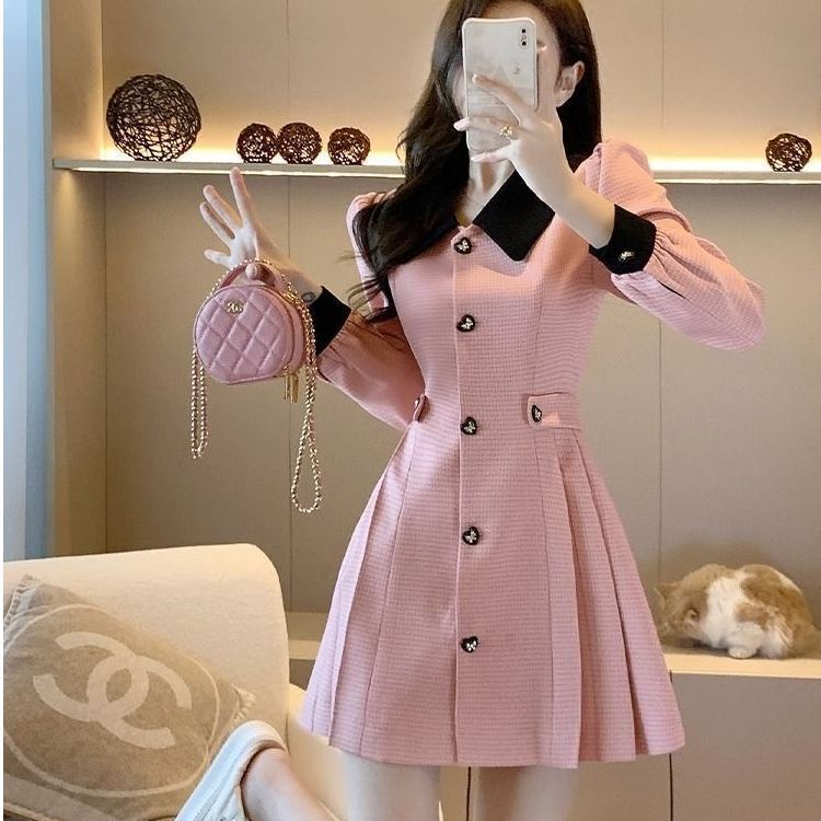 French-style pink dress for women, new autumn style, petite, slimming, high-end, popular style, workwear.
