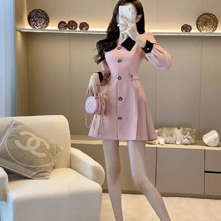 French-style pink dress for women, new autumn style, petite, slimming, high-end, popular style, workwear.