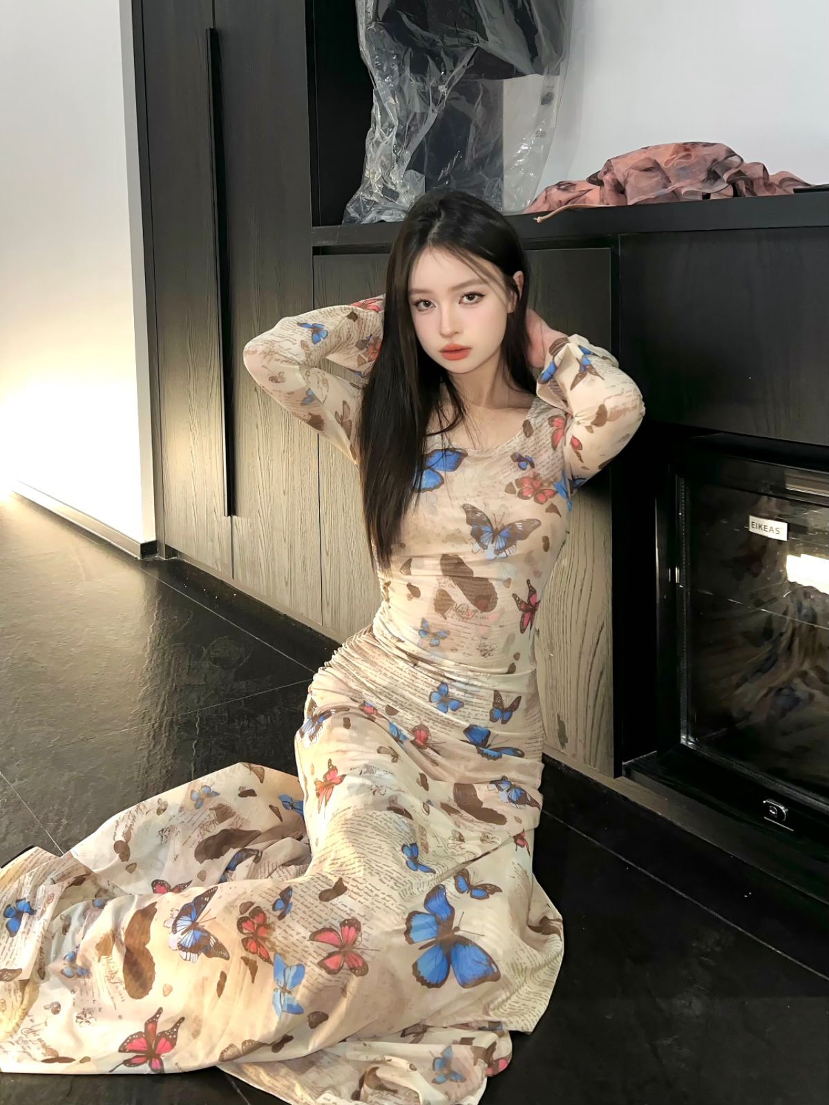 Hot retro butterfly print long-sleeved dress for women, ruched, waist-cinching, sexy, bodycon long skirt