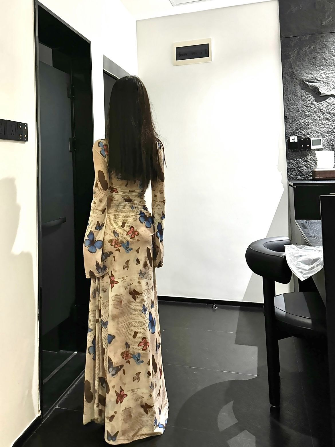 Hot retro butterfly print long-sleeved dress for women, ruched, waist-cinching, sexy, bodycon long skirt