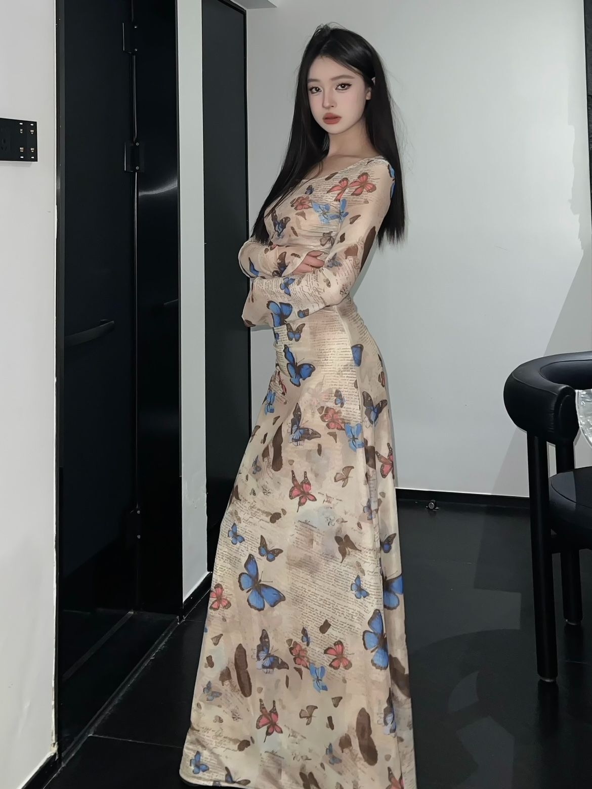 Hot retro butterfly print long-sleeved dress for women, ruched, waist-cinching, sexy, bodycon long skirt