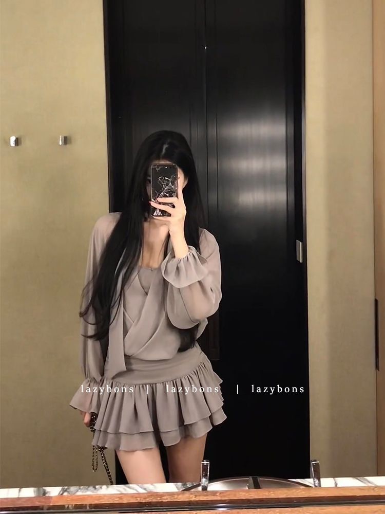 Simple and elegant women's summer 2025 new style V-neck ribbon long sleeve waist-cinching shirt dress chiffon short