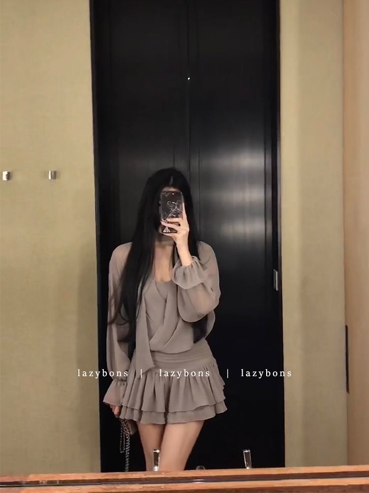 Simple and elegant women's summer 2025 new style V-neck ribbon long sleeve waist-cinching shirt dress chiffon short