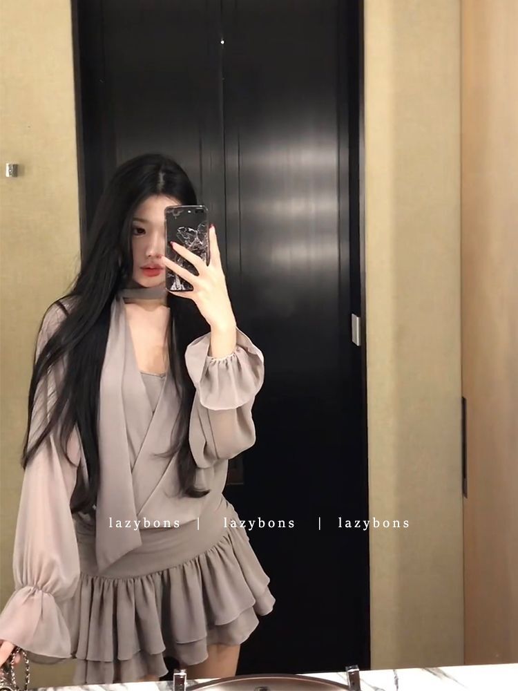 Simple and elegant women's summer 2025 new style V-neck ribbon long sleeve waist-cinching shirt dress chiffon short