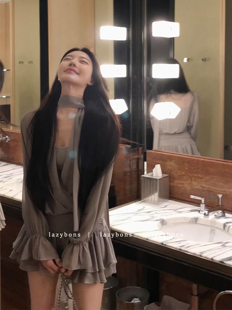 Simple and elegant women's summer 2025 new style V-neck ribbon long sleeve waist-cinching shirt dress chiffon short