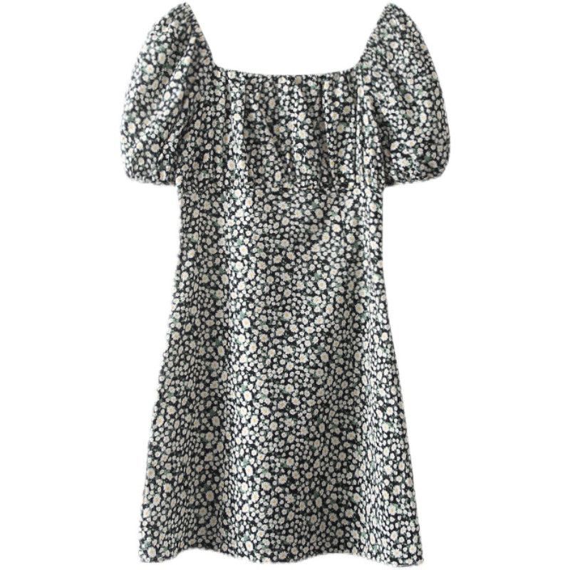 Daisy floral print dress, women's summer 2023 new style, square neck puff sleeve short skirt A