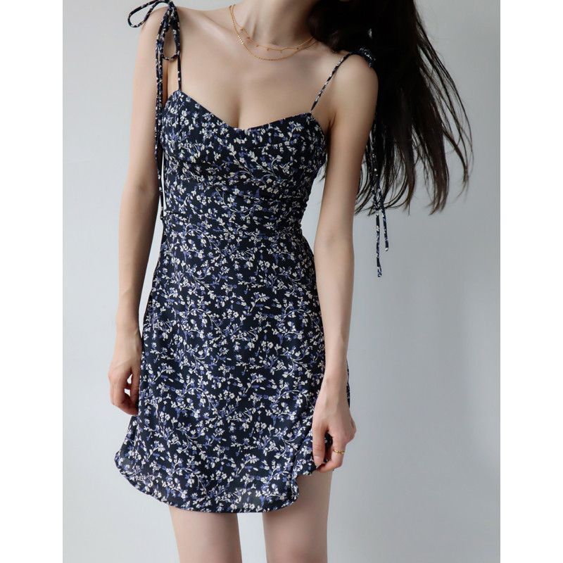 Women's Summer Sexy Low-Cut Strappy Spaghetti Strap A-Line Skirt Short Skirt Beach Dress