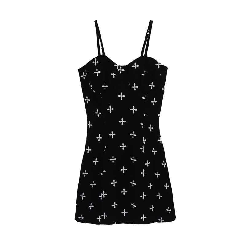Women's summer sexy low-cut strappy A-line mini dress with bow print, perfect for summer and the beach.