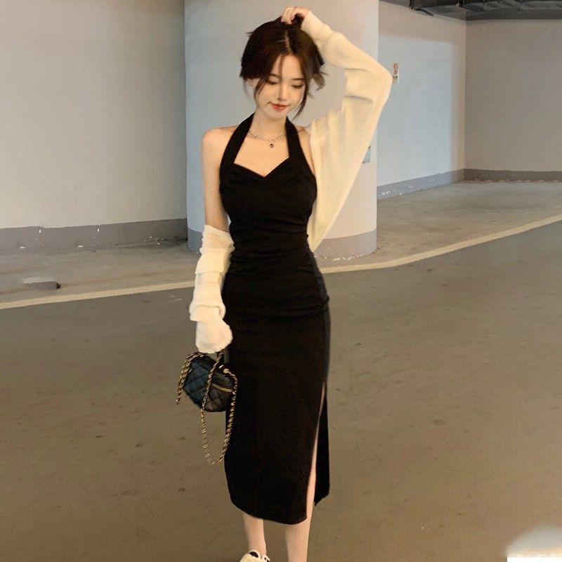 Pure and sexy halter-neck suspender dress, women's summer style, French high-end temperament, long waist-cinching slit bodycon skirt.