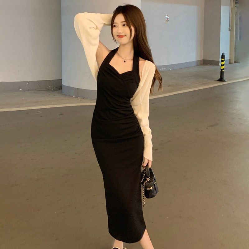 Pure and sexy halter-neck suspender dress, women's summer style, French high-end temperament, long waist-cinching slit bodycon skirt.
