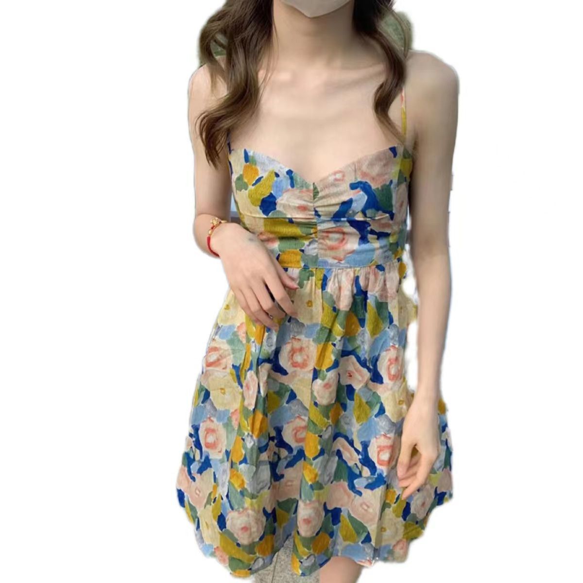 Women's summer slip dress, Thai floral print, petite design, unique French style, fitted waist, slimming and elegant.