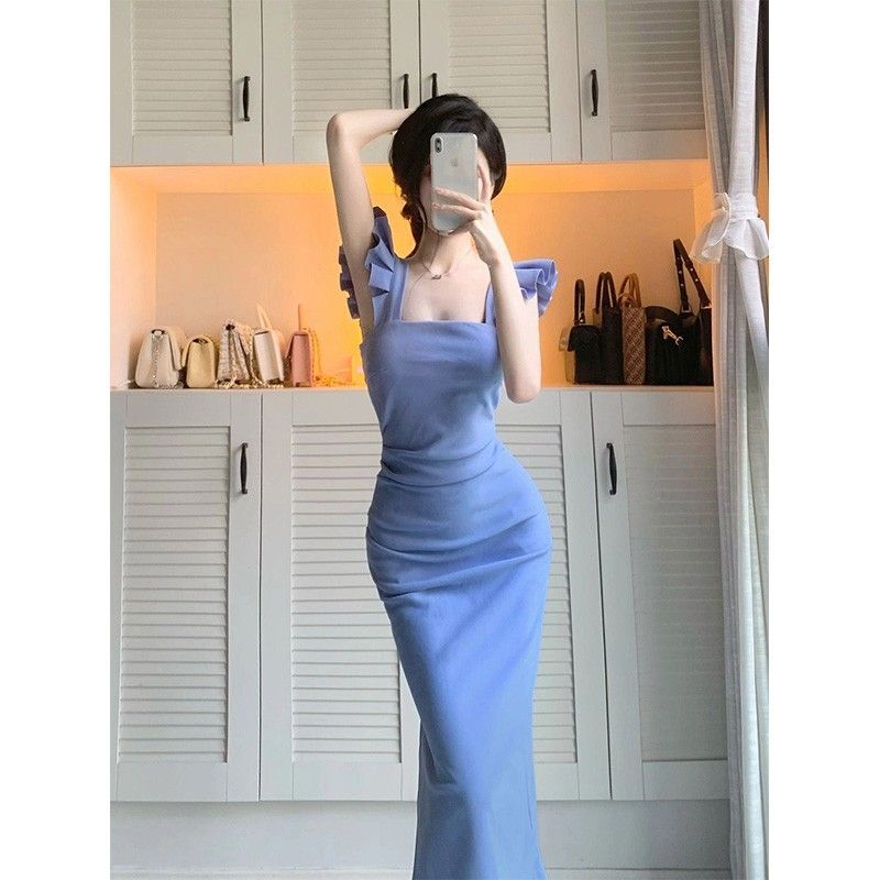 French-style petite flutter sleeve slit skirt, new summer style, pure and sexy, slimming bodycon long dress for women.