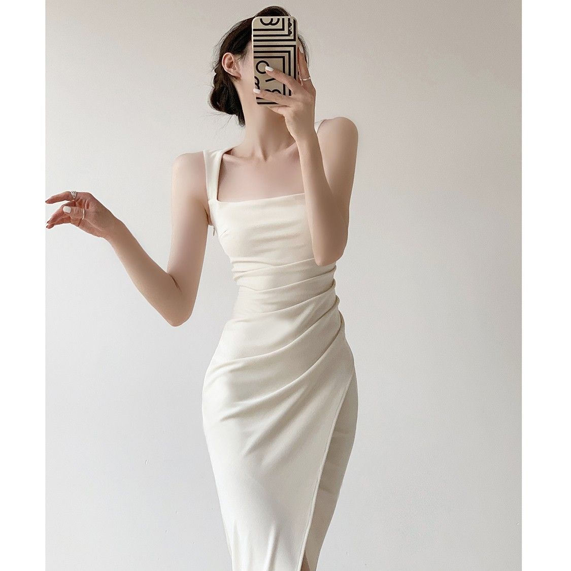 High-end slip dress, new summer style, square neck, French style, fitted waist, elegant and unique, mermaid tail long dress.