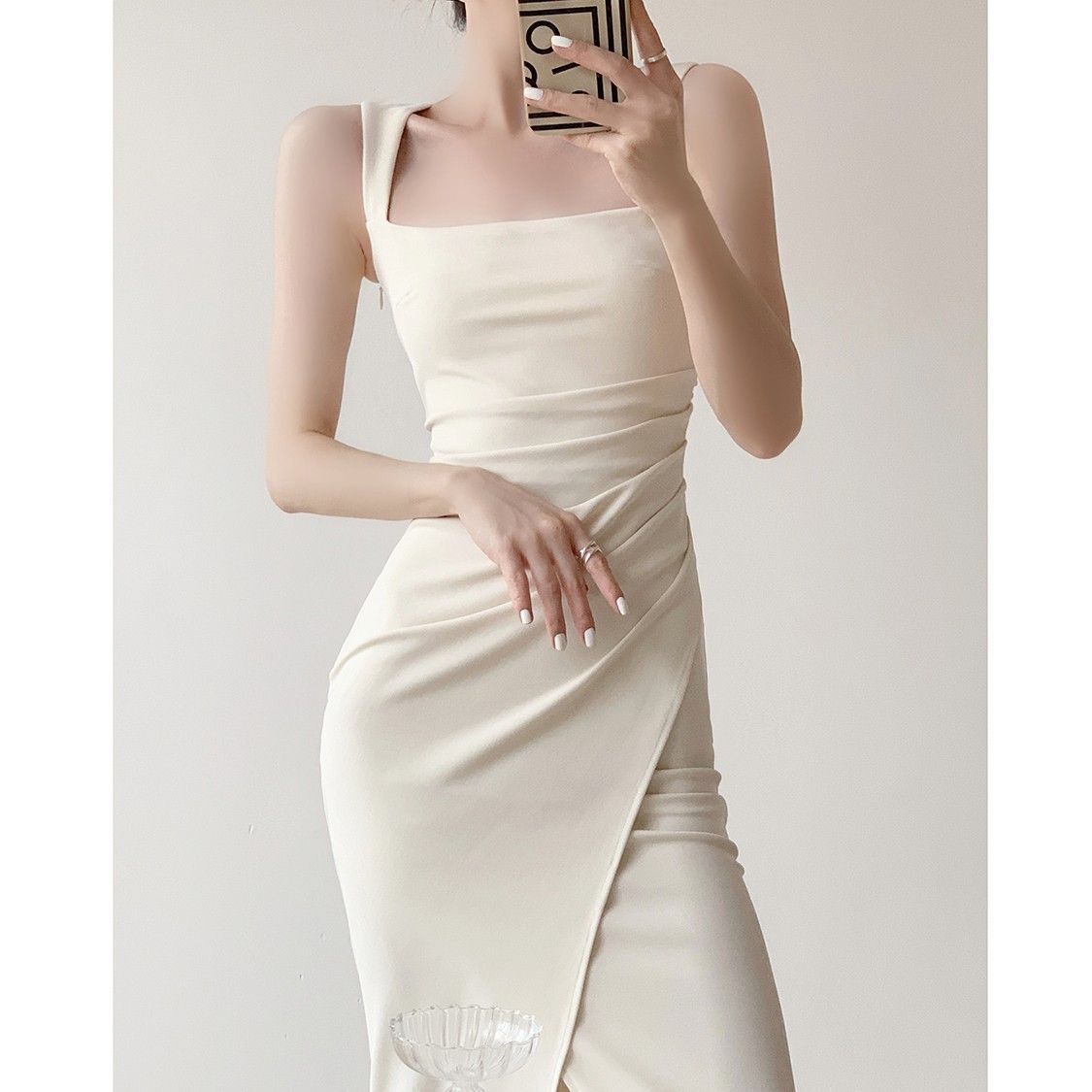 High-end slip dress, new summer style, square neck, French style, fitted waist, elegant and unique, mermaid tail long dress.