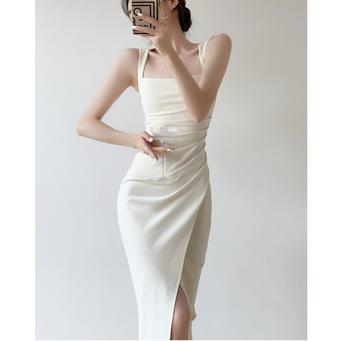 High-end slip dress, new summer style, square neck, French style, fitted waist, elegant and unique, mermaid tail long dress.
