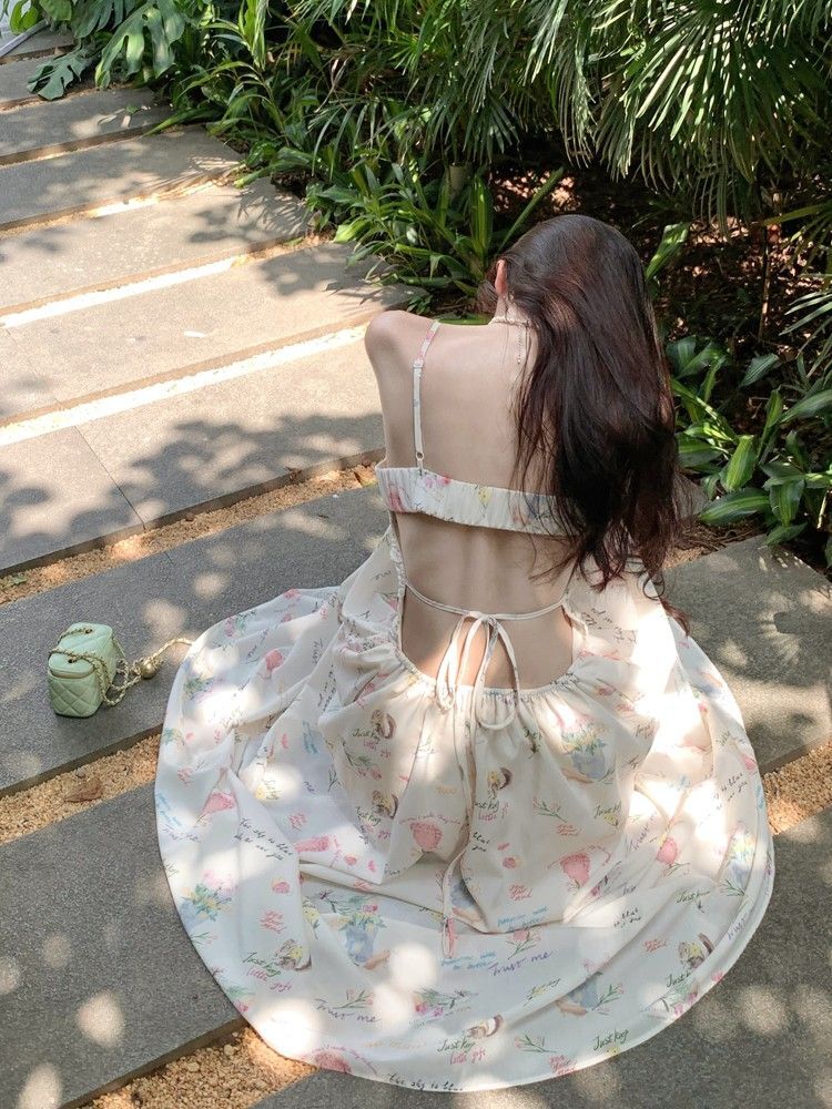 Beach vacation style V-neck floral sundress for women, summer French style backless long dress with belted waist beach dress