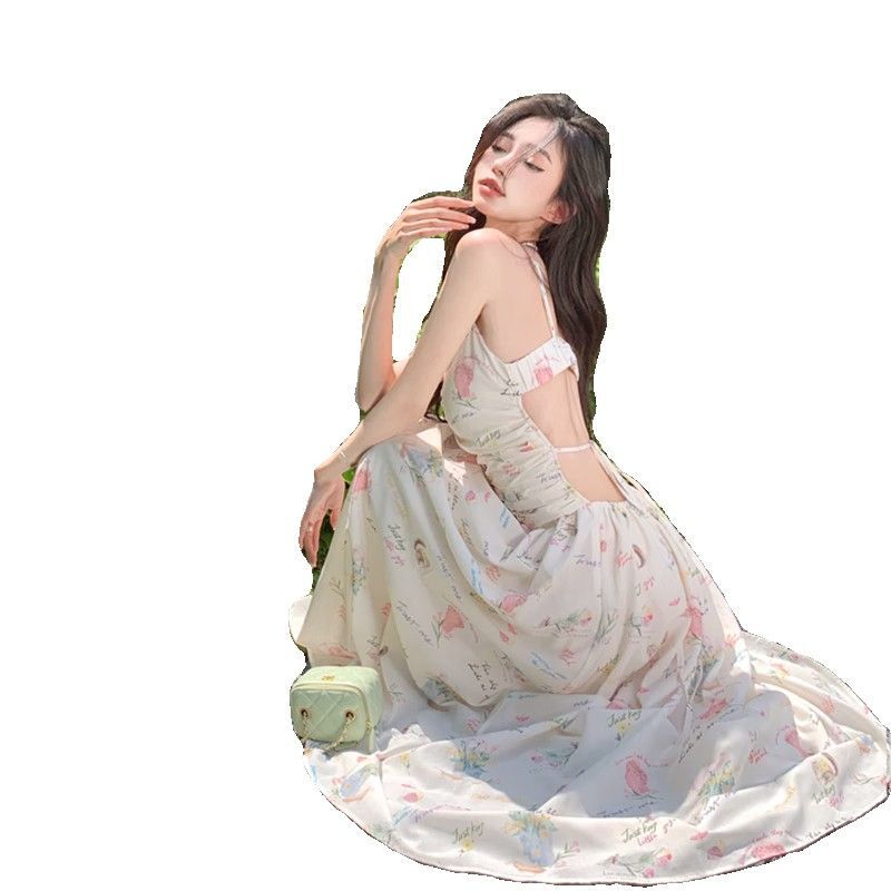 Beach vacation style V-neck floral sundress for women, summer French style backless long dress with belted waist beach dress
