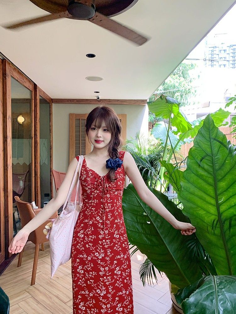 French-style red floral print sundress for women, perfect for summer 2025, ideal for beach vacations.