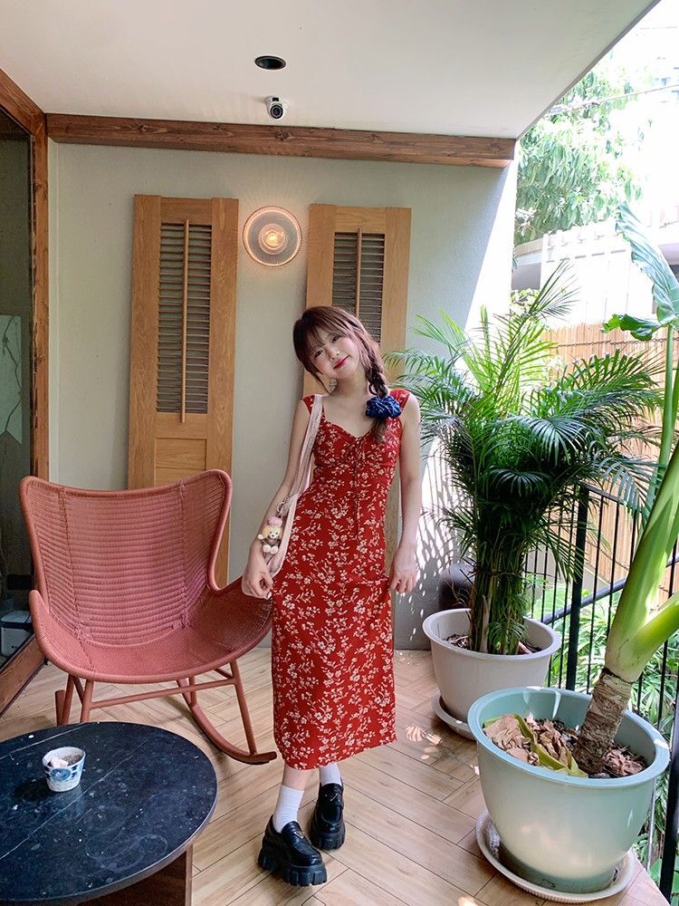 French-style red floral print sundress for women, perfect for summer 2025, ideal for beach vacations.