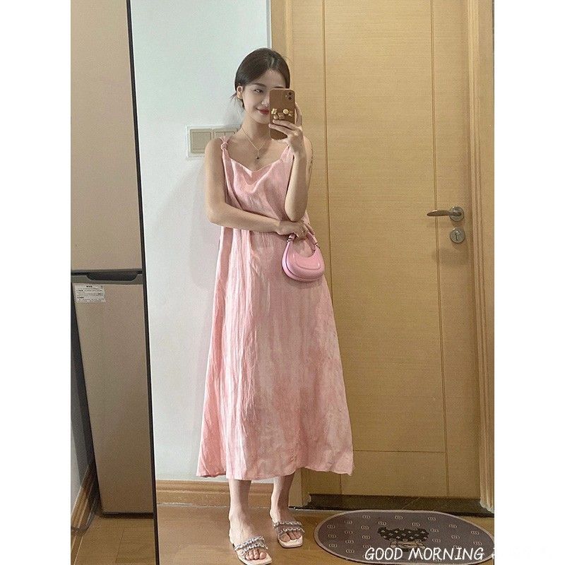 French retro sweet and gentle style elegant slim-fitting pink sleeveless suspender dress for women, knee-length skirt