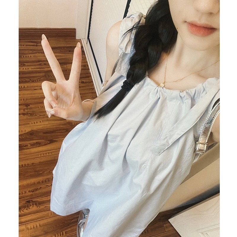 French sweet and fresh blue sleeveless suspender dress for women, new summer style, 2025, straight and short.