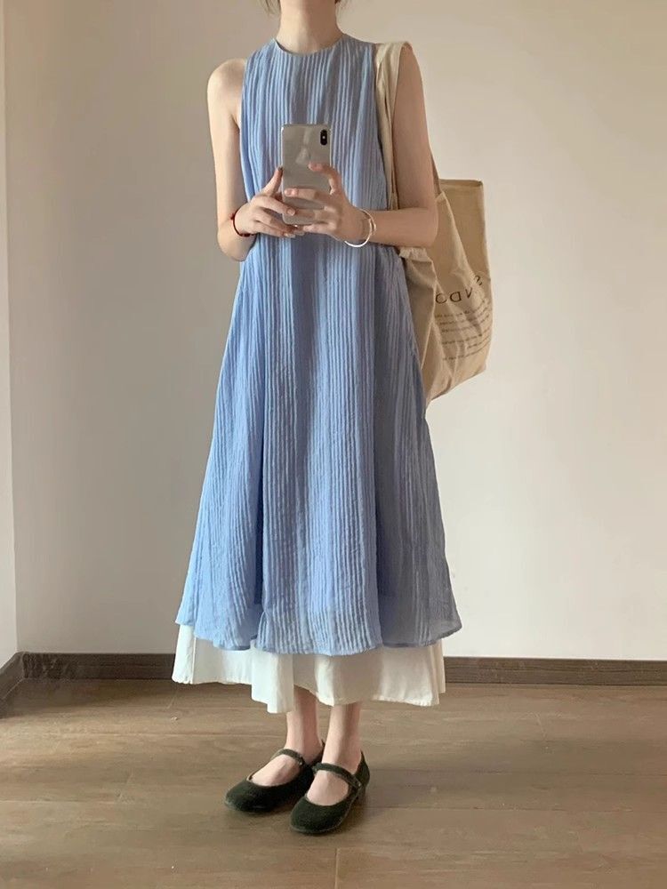 French-style striped textured faux two-piece dress, new summer style, loose fit, slimming, flowing, elegant long dress.