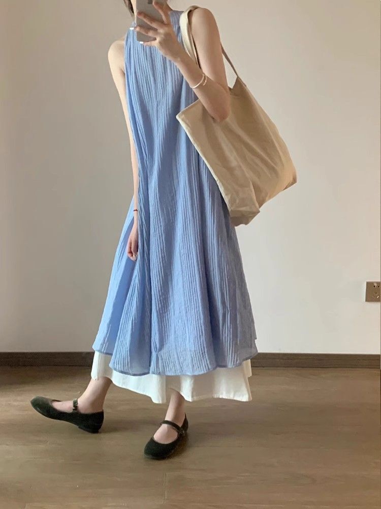 French-style striped textured faux two-piece dress, new summer style, loose fit, slimming, flowing, elegant long dress.