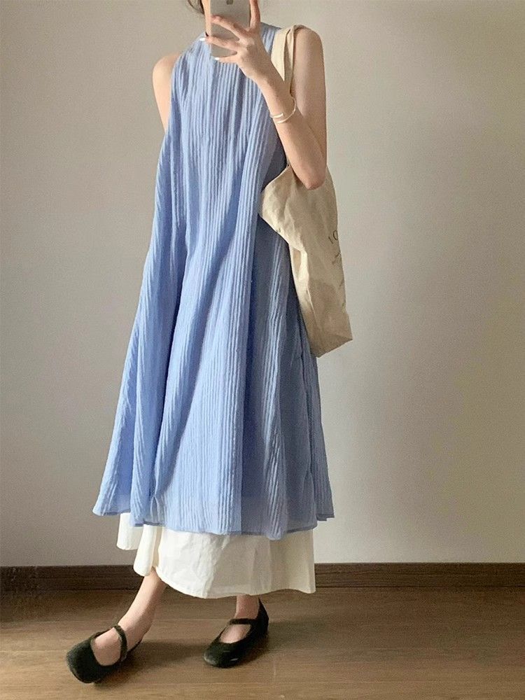 French-style striped textured faux two-piece dress, new summer style, loose fit, slimming, flowing, elegant long dress.