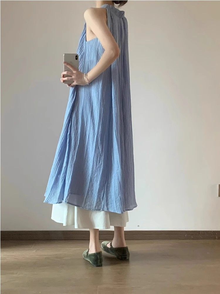 French-style striped textured faux two-piece dress, new summer style, loose fit, slimming, flowing, elegant long dress.