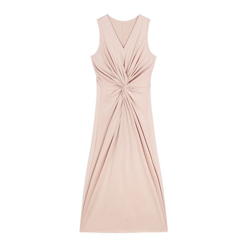 French-style elegant pink sleeveless dress for women, perfect for summer, with a pleated V-neck, fitted waist, and bodycon silhouette.