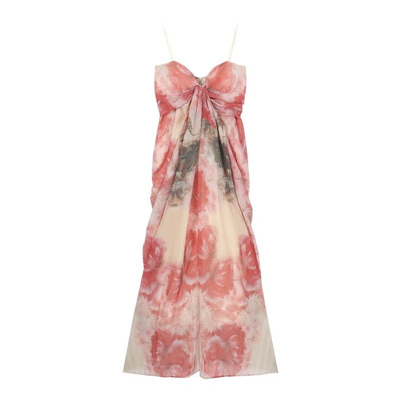 Pure and elegant tie-dye strapless dress for women, summer style, off-the-shoulder chiffon dress, beach vacation maxi dress