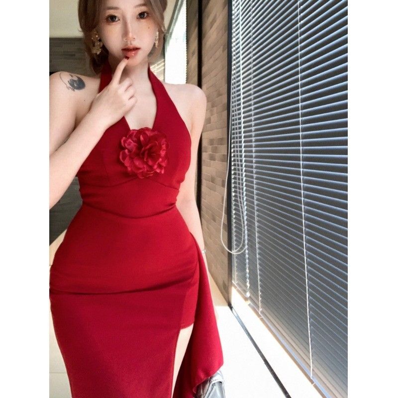 French-style elegant halter neck dress, new summer style, sexy slit, high waist, slimming bodycon long skirt.